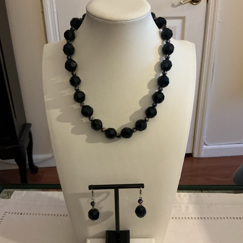 Black Glass and Cloisonné Silver Tone Necklace and Earrings
